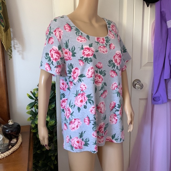 Pink roses on grey short sleeved scoop neck Soft CASUAL t-shirt tunic top XL - Picture 6 of 9